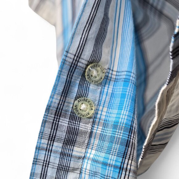 Avirex Button Up Shirt Men's Blue Plaid Military Inspired Pocket Spell Out L - Picture 5 of 6